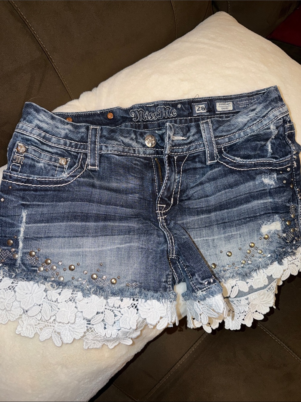 Miss Me Blue Distressed Denim shorts with Lace Hem - Picture 2 of 4